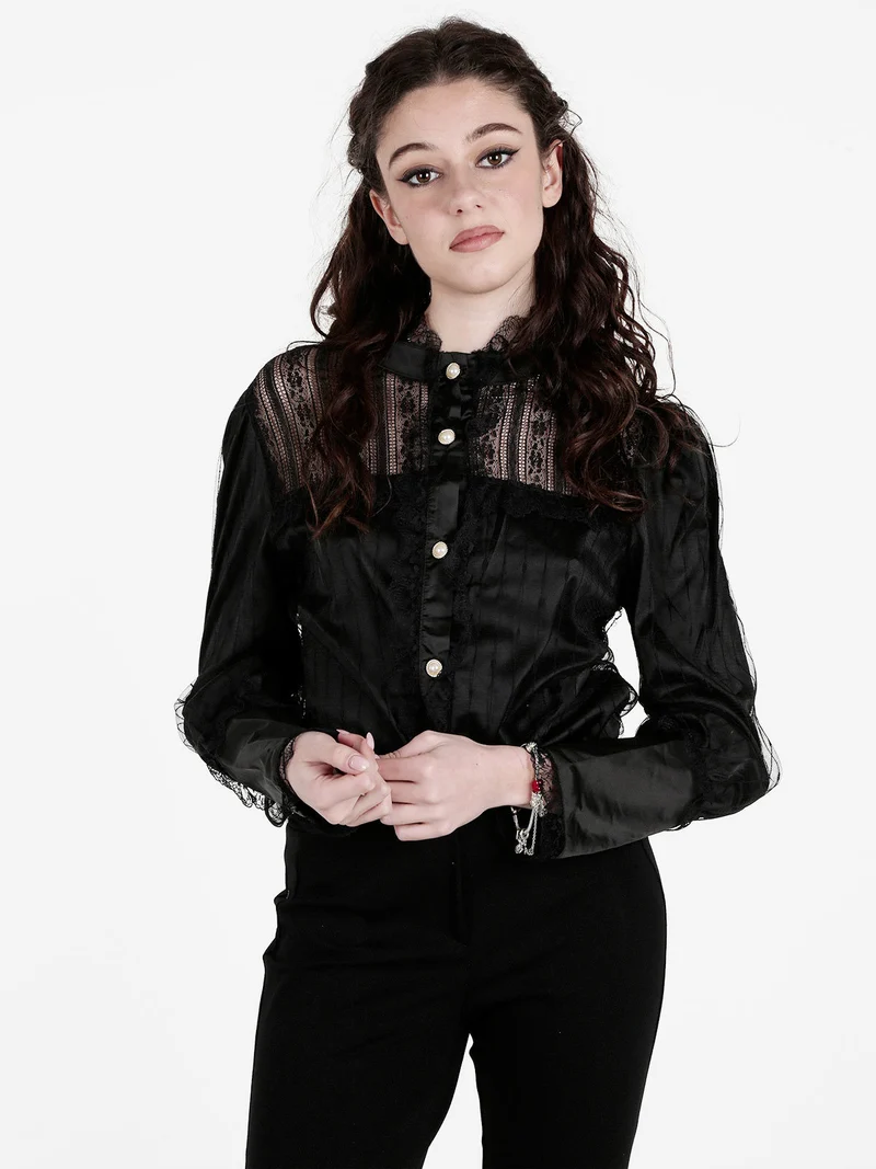 Camicia donna con bottoni di perle e pizzo - nero