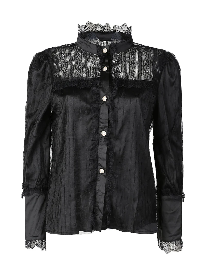 Camicia donna con bottoni di perle e pizzo - nero