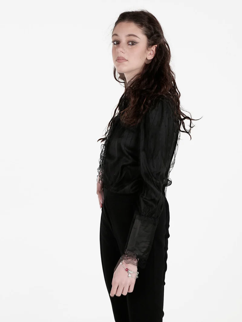 Camicia donna con bottoni di perle e pizzo - nero