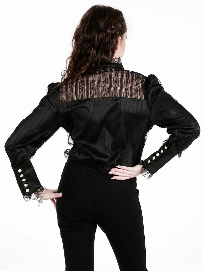 Camicia donna con bottoni di perle e pizzo - nero
