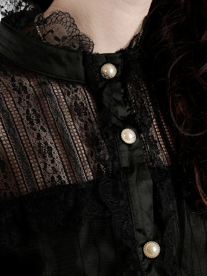 Camicia donna con bottoni di perle e pizzo - nero