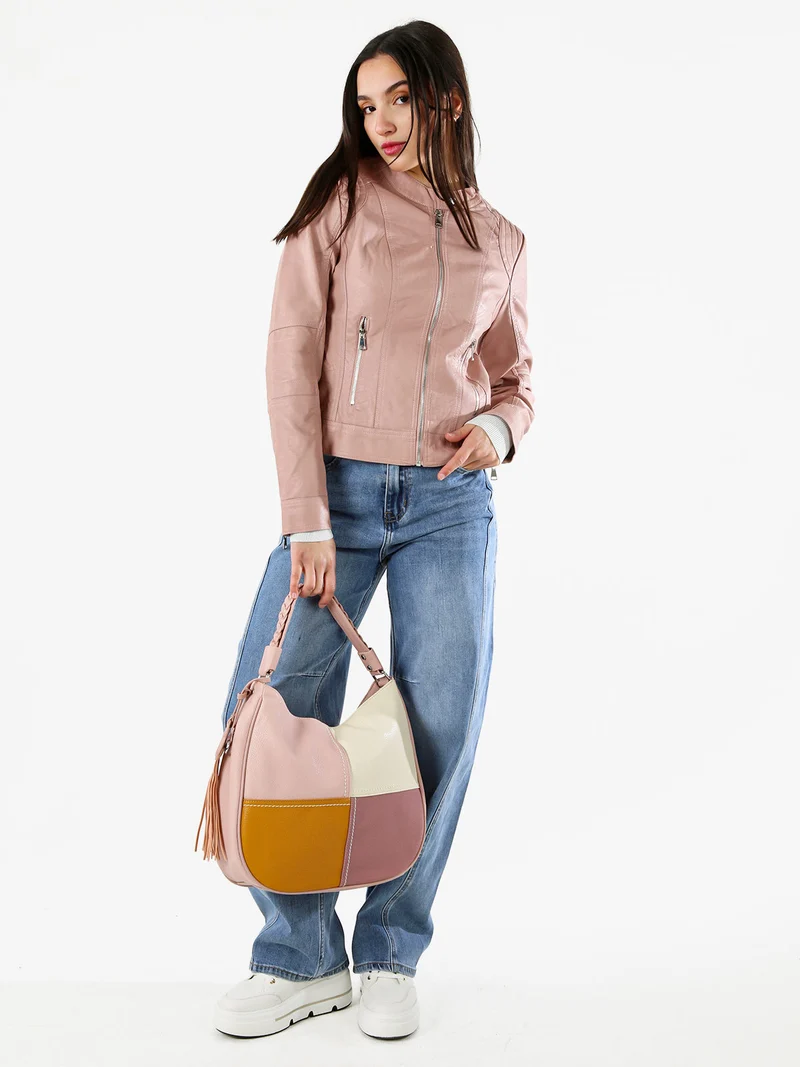 Giacca donna in ecopelle con zip - rosa