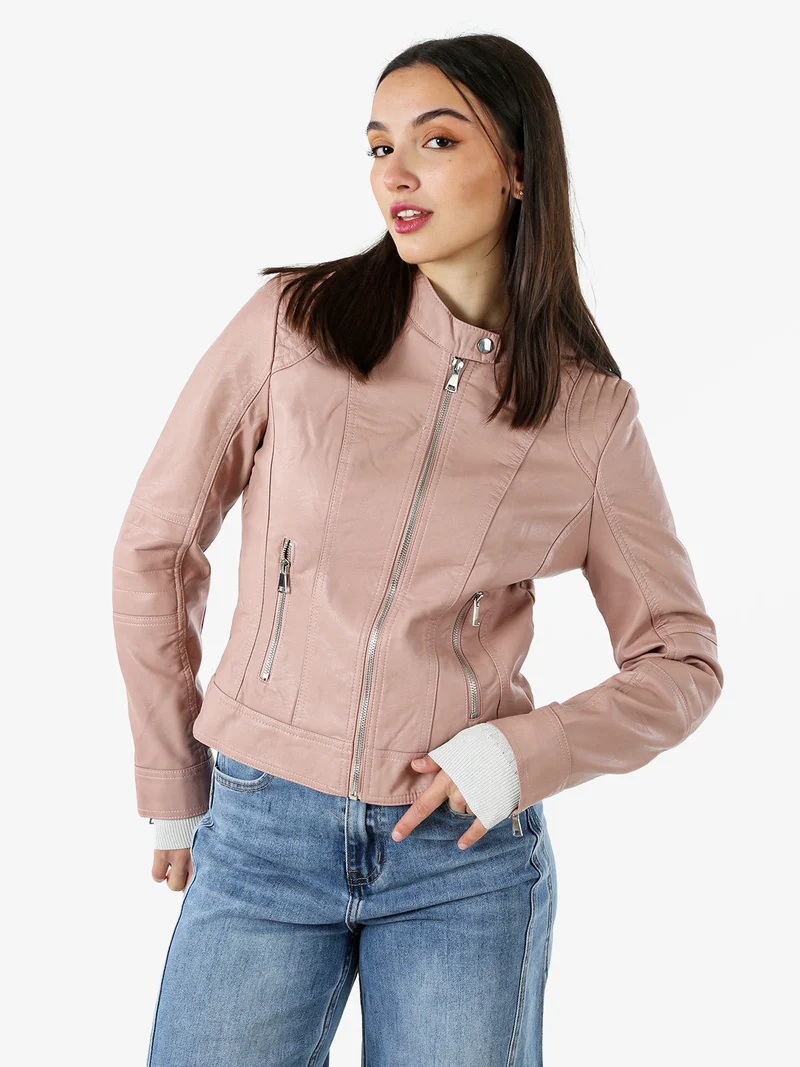 Giacca donna in ecopelle con zip - rosa