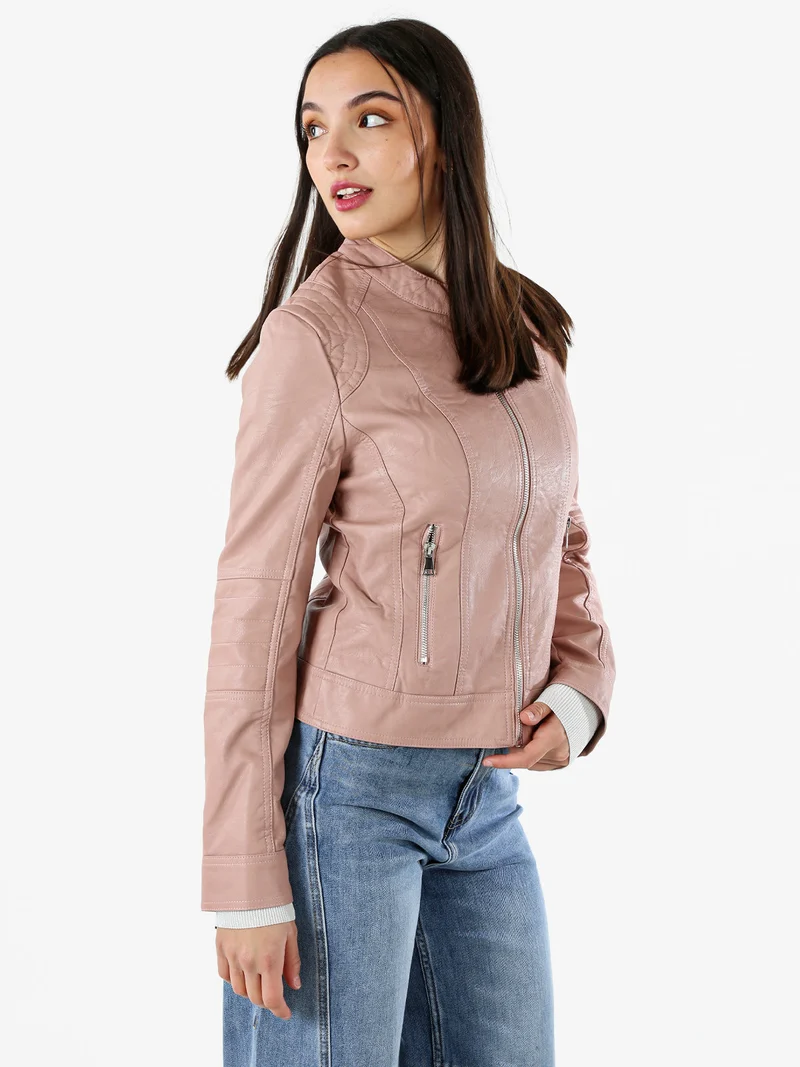 Giacca donna in ecopelle con zip - rosa