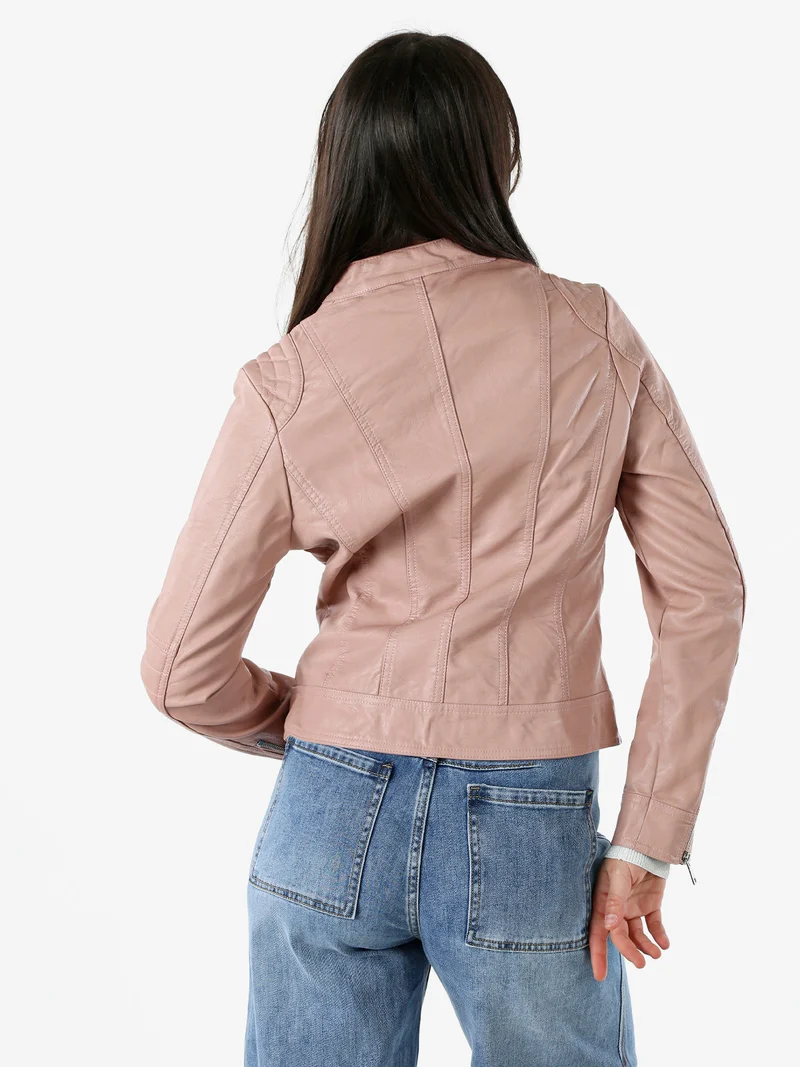 Giacca donna in ecopelle con zip - rosa