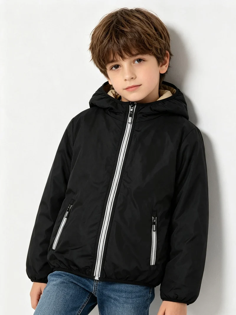 Giubbotto imbottito da bambino reversibile con cappuccio e zip - nero