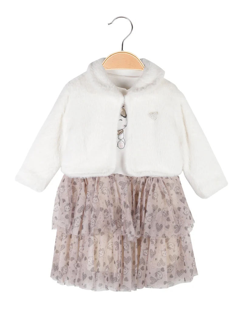 Completo da neonata 2 pezzi con vestito e pelliccia sintetica - bianco