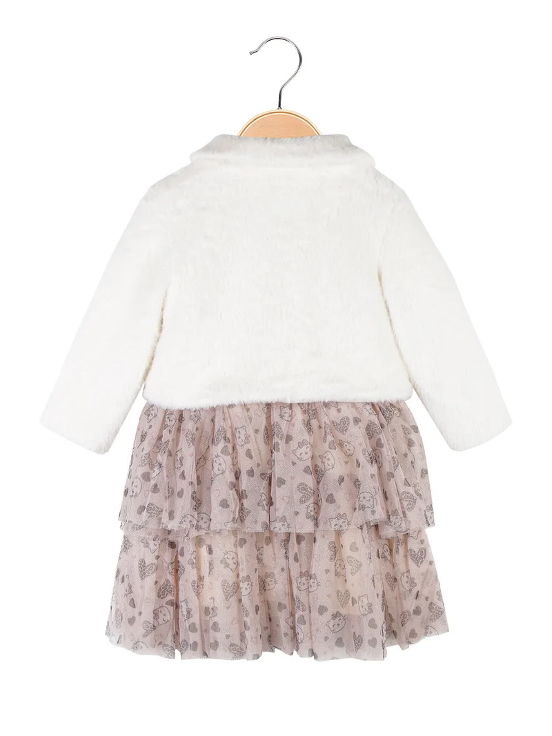 Completo da neonata 2 pezzi con vestito e pelliccia sintetica - bianco