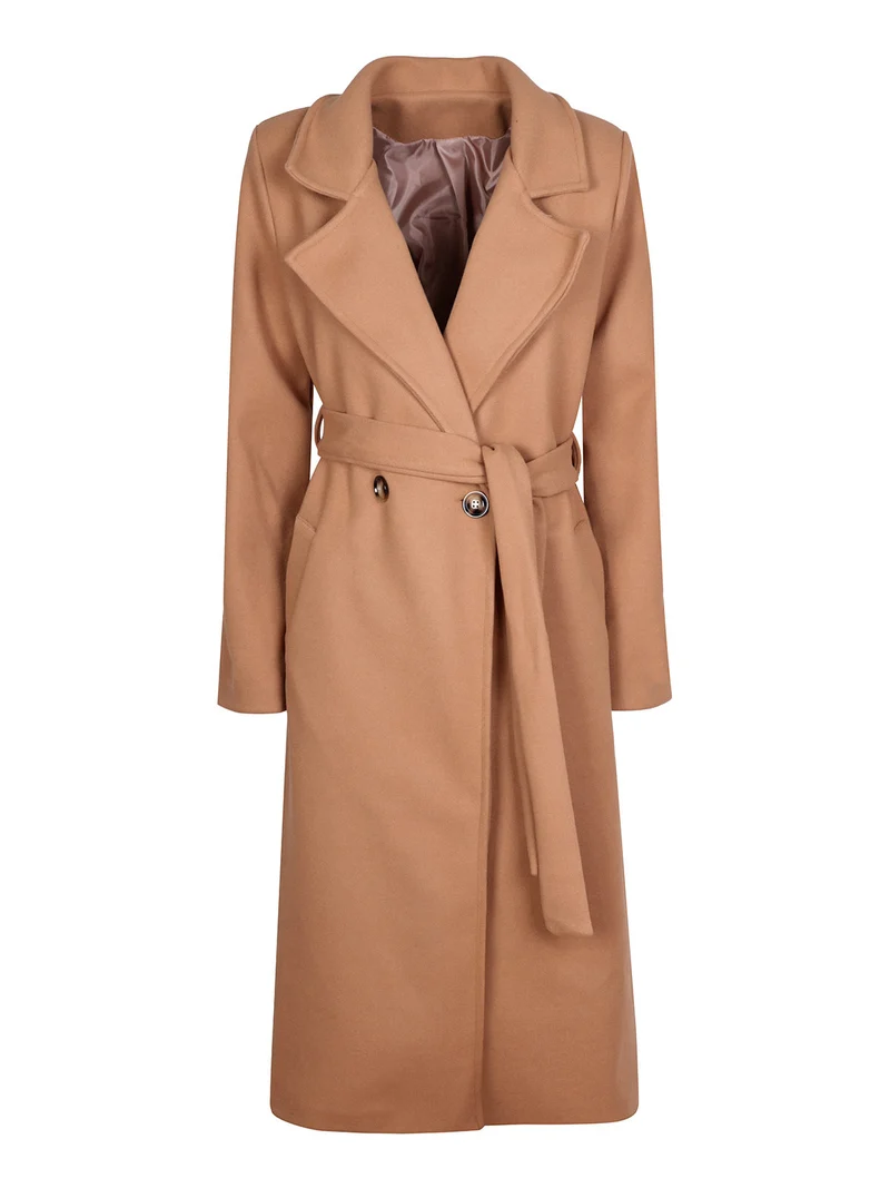 Cappotto lungo da donna con chiusura doppiopetto - cammello