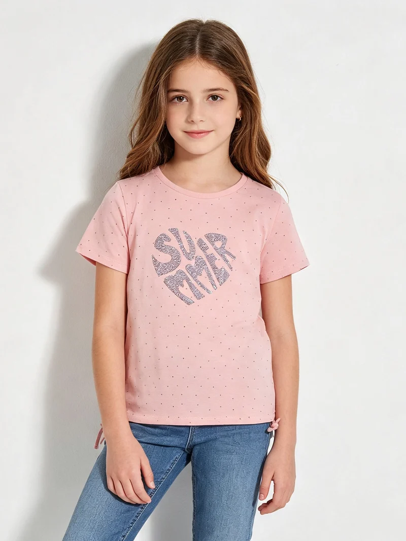T-shirt da bambina con strass e scritta glitter - rosa