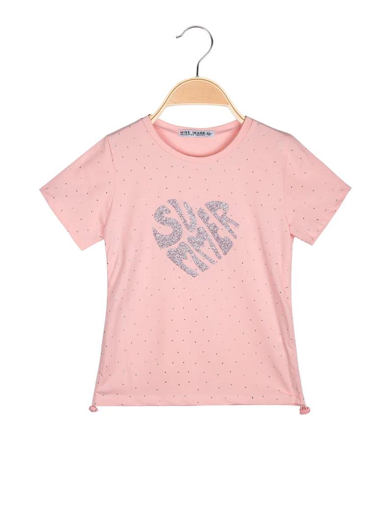 T-shirt da bambina con strass e scritta glitter - rosa