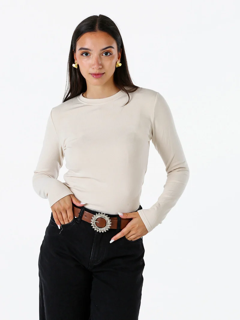 T-shirt girocollo da donna a maniche lunghe con interno spazzolato - beige