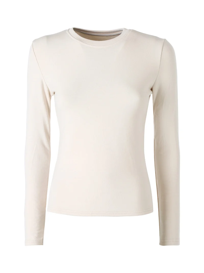 T-shirt girocollo da donna a maniche lunghe con interno spazzolato - beige