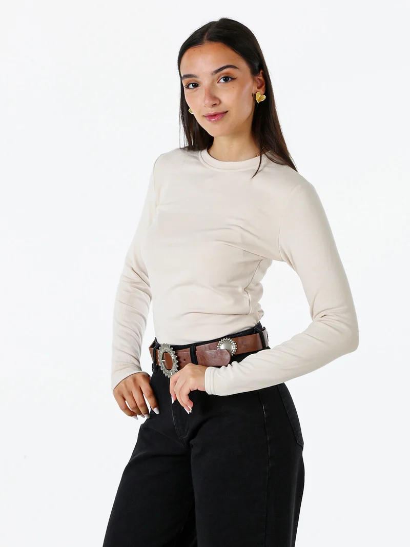 T-shirt girocollo da donna a maniche lunghe con interno spazzolato - beige