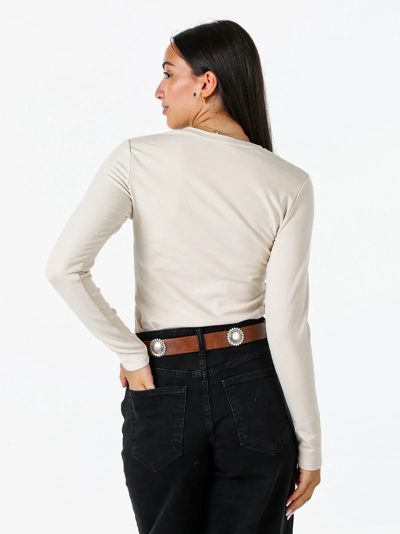 T-shirt girocollo da donna a maniche lunghe con interno spazzolato - beige