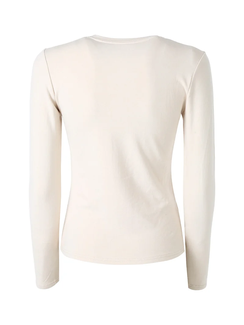 T-shirt girocollo da donna a maniche lunghe con interno spazzolato - beige