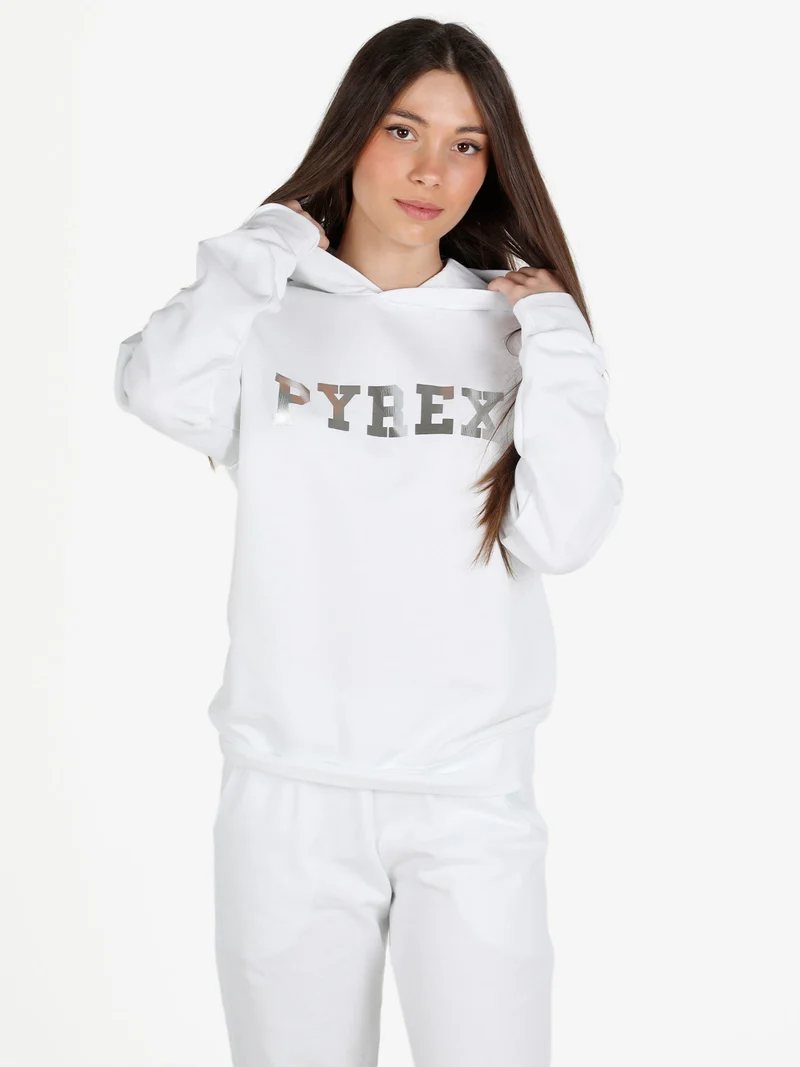 Felpa donna in cotone con cappuccio e stampa logo - bianco