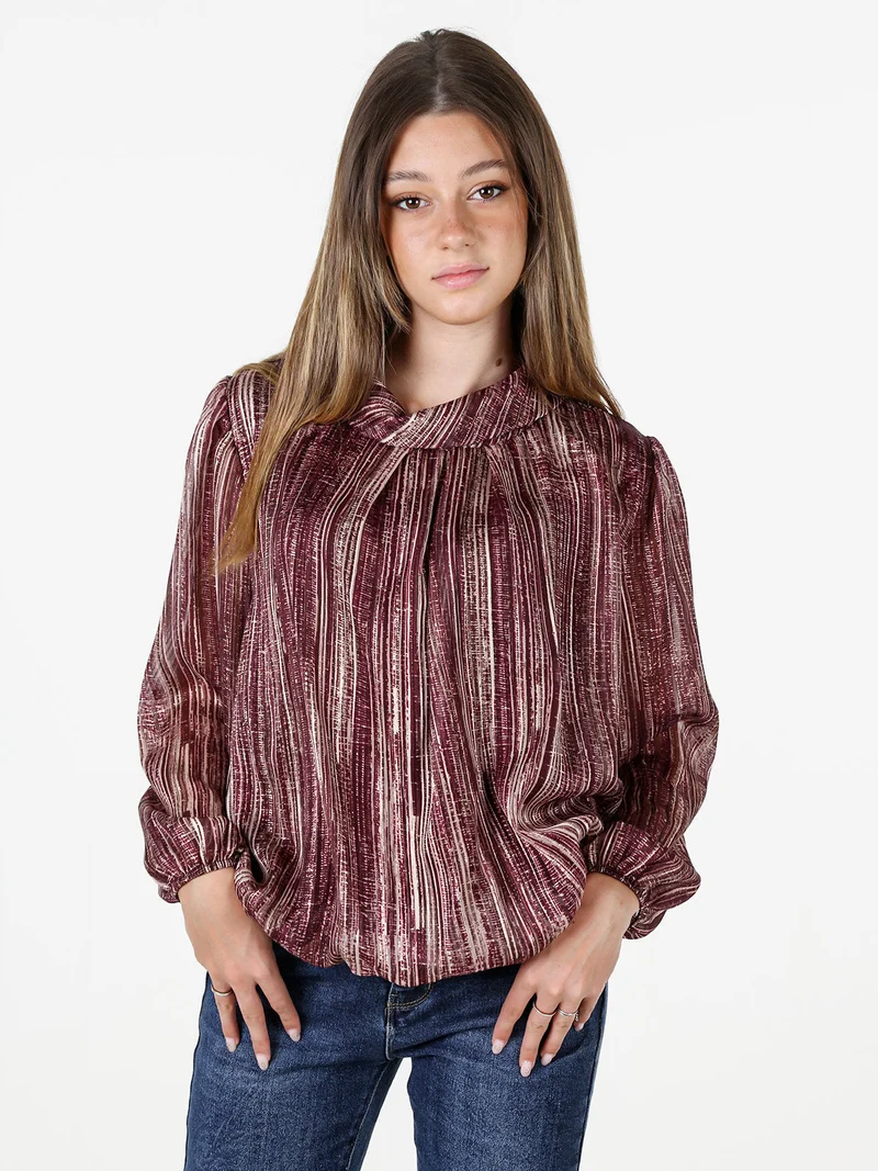 Blusa donna a fantasia con collo risvoltato e maniche lunghe a palloncino - bordeaux