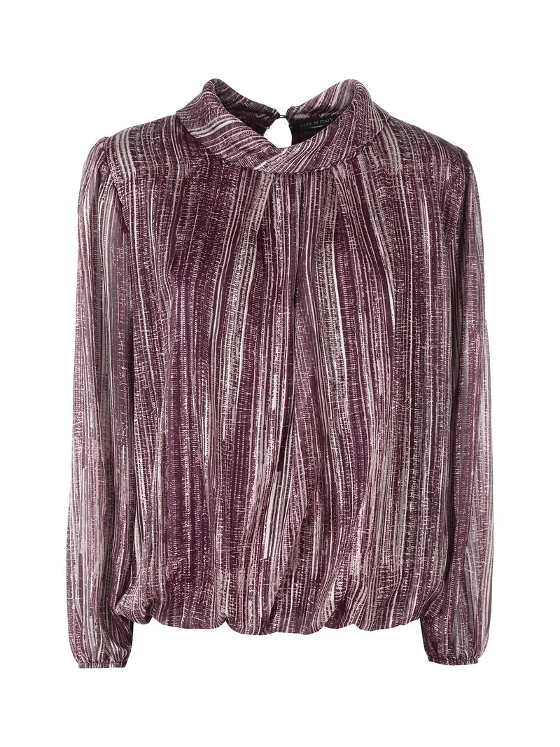 Blusa donna a fantasia con collo risvoltato e maniche lunghe a palloncino - bordeaux