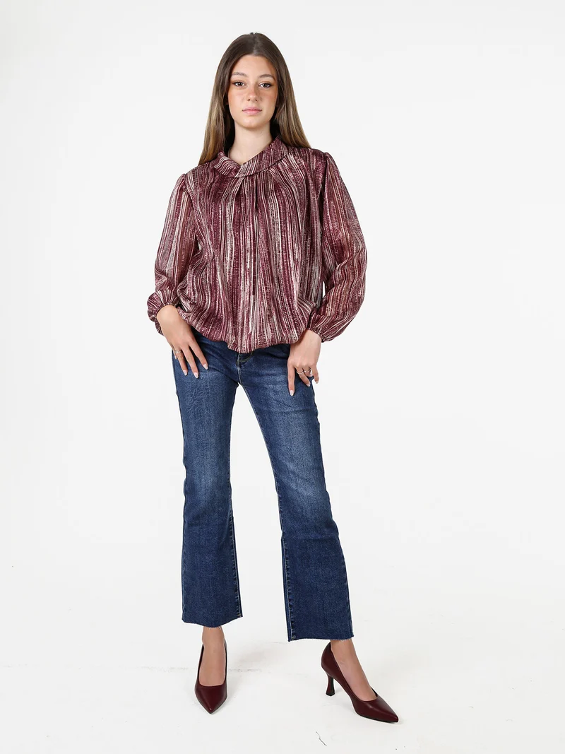 Blusa donna a fantasia con collo risvoltato e maniche lunghe a palloncino - bordeaux