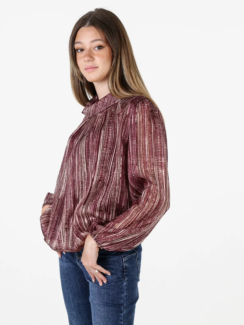 Blusa donna a fantasia con collo risvoltato e maniche lunghe a palloncino - bordeaux