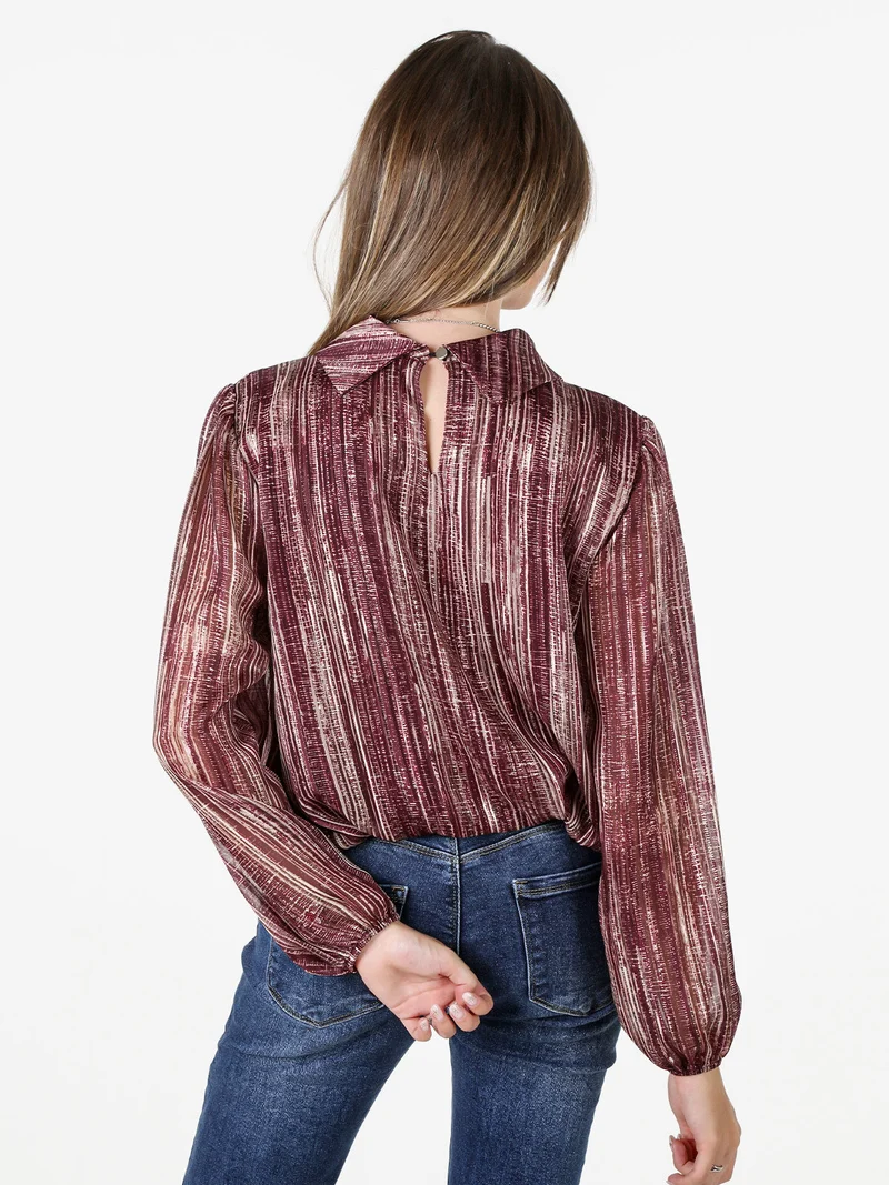 Blusa donna a fantasia con collo risvoltato e maniche lunghe a palloncino - bordeaux