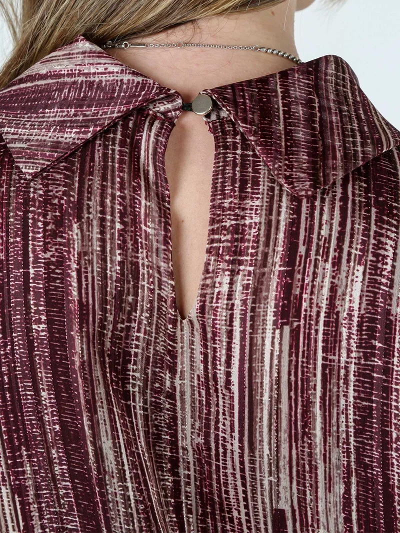 Blusa donna a fantasia con collo risvoltato e maniche lunghe a palloncino - bordeaux