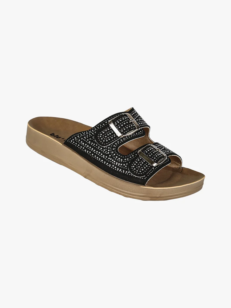 Ciabatte da donna con doppie fibbie e micro borchie - nero