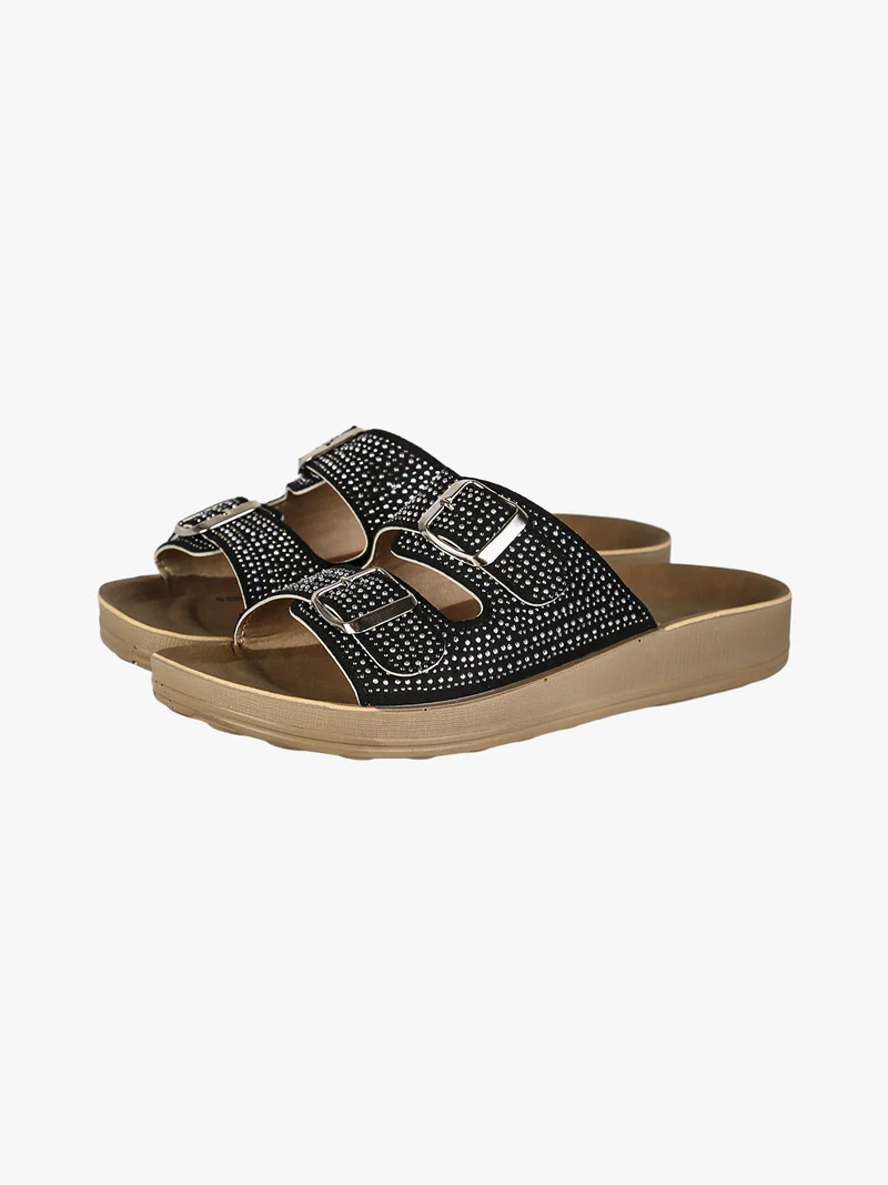 Ciabatte da donna con doppie fibbie e micro borchie - nero