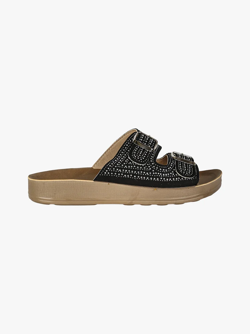 Ciabatte da donna con doppie fibbie e micro borchie - nero