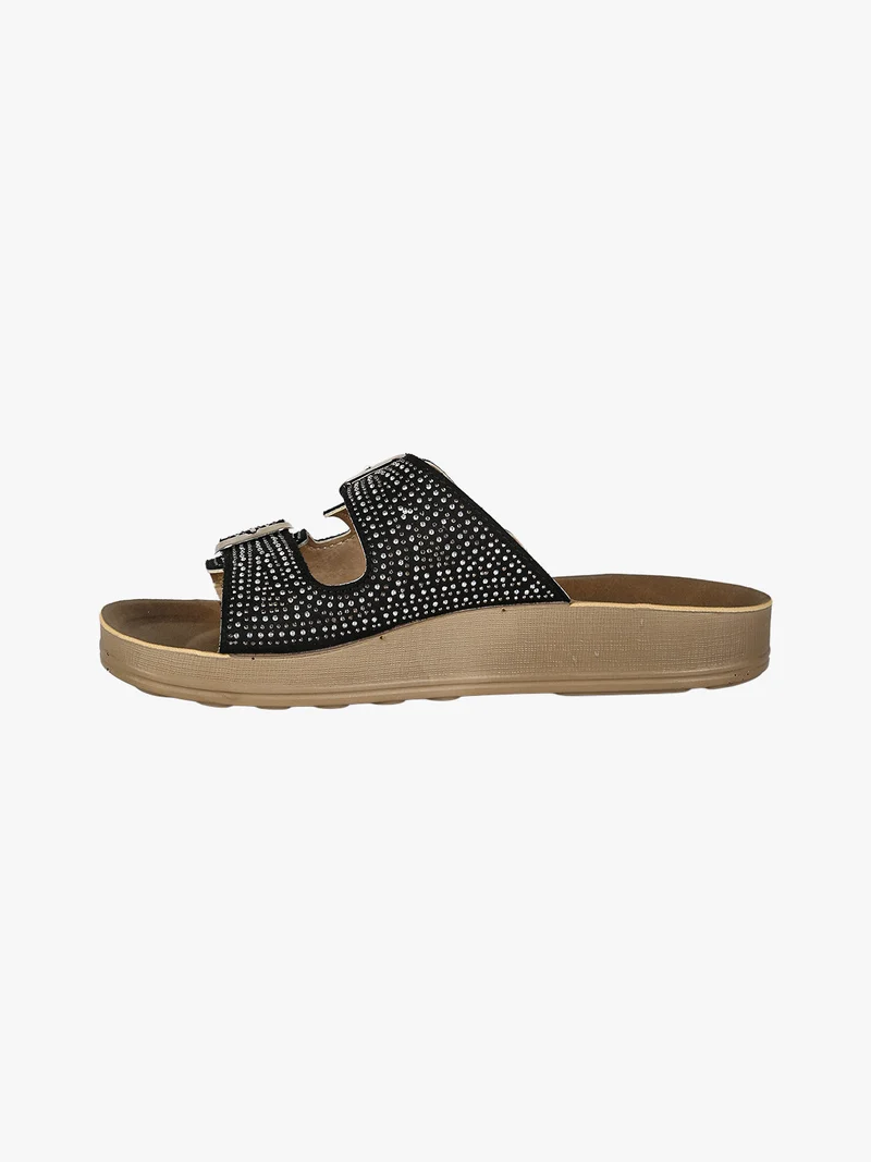Ciabatte da donna con doppie fibbie e micro borchie - nero