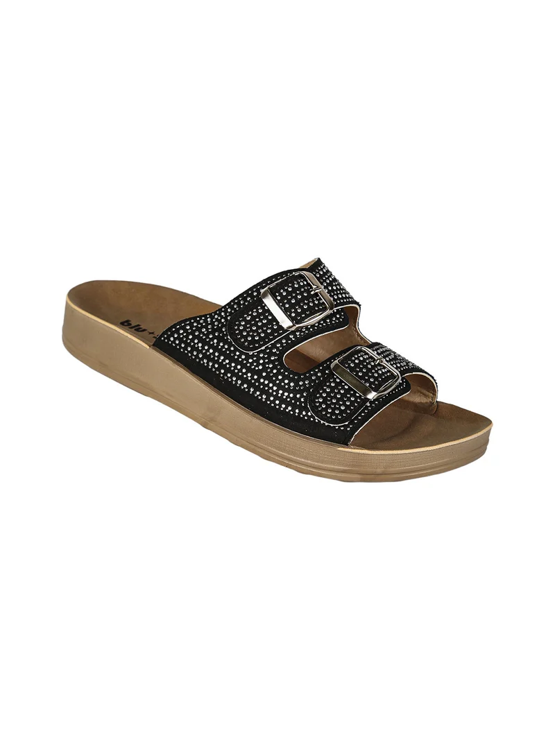Ciabatte da donna con doppie fibbie e micro borchie - nero
