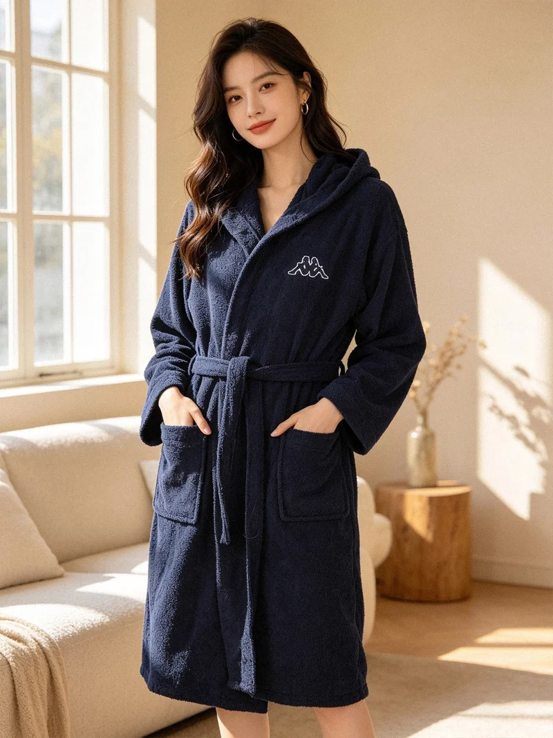 Accappatoio unisex in spugna con cappuccio - blu scuro