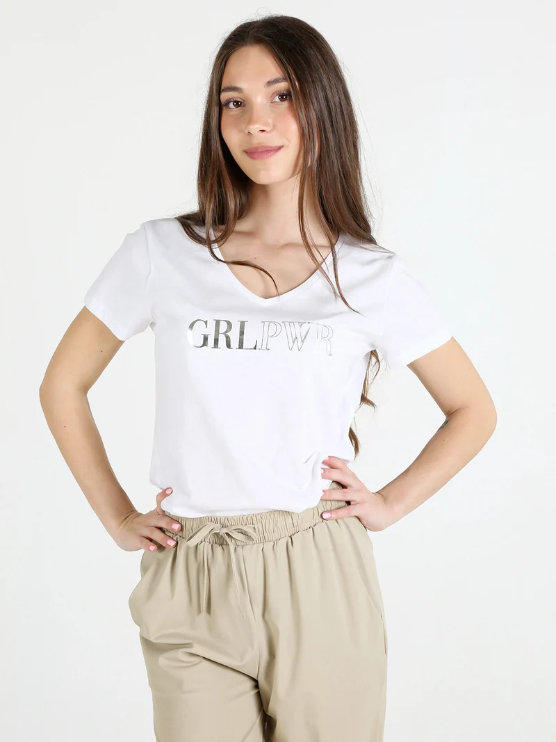 T-shirt donna in cotone con scollo a V e stampa scritta - bianco