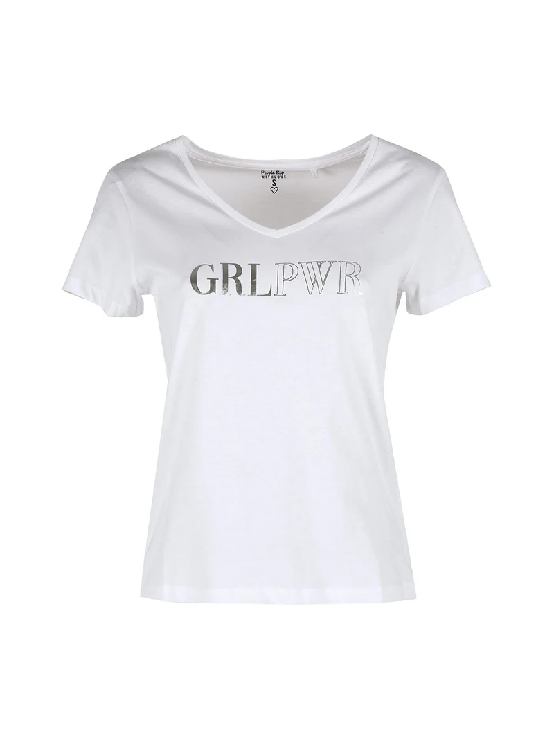 T-shirt donna in cotone con scollo a V e stampa scritta - bianco