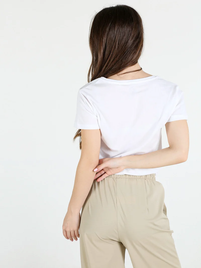 T-shirt donna in cotone con scollo a V e stampa scritta - bianco