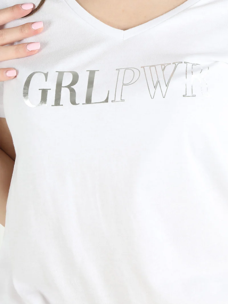 T-shirt donna in cotone con scollo a V e stampa scritta - bianco