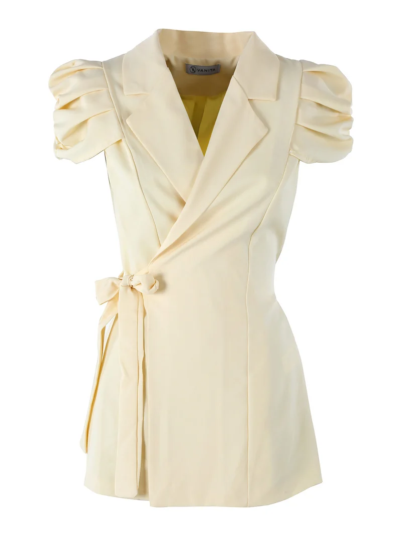 Blazer donna incrociato a maniche corte con spalle a sbuffo - giallo