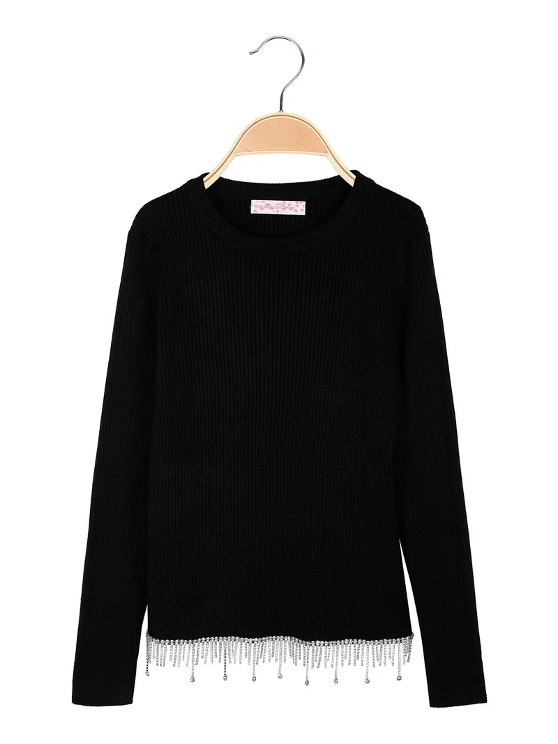 Pullover da bambina in maglia con cascata di strass sul finale - nero