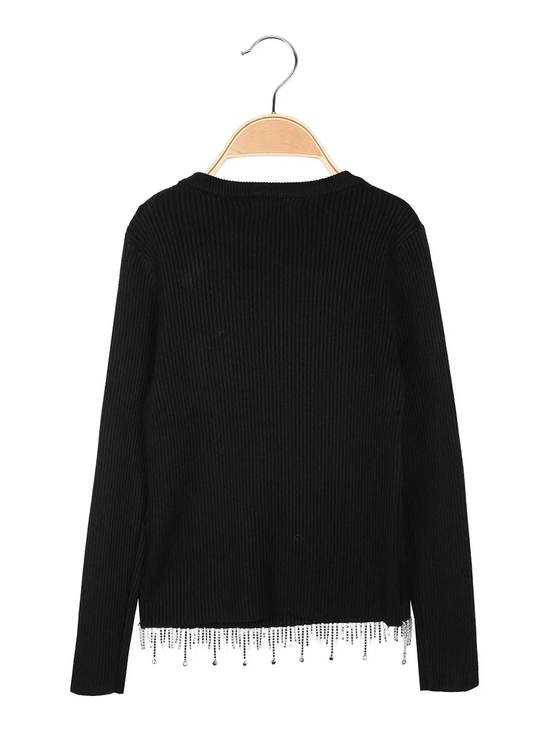 Pullover da bambina in maglia con cascata di strass sul finale - nero
