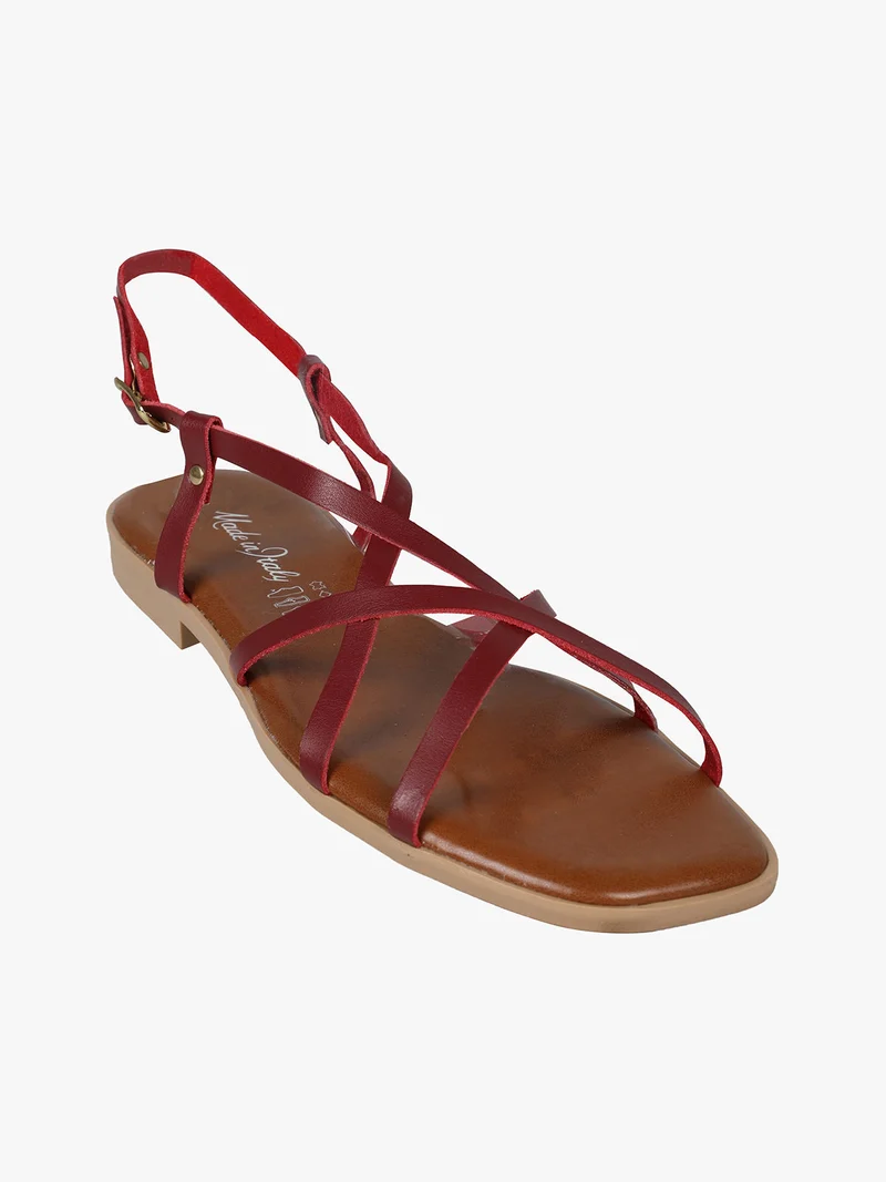 Sandali bassi in pelle da donna con fascette incrociate - rosso