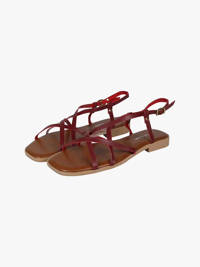 Sandali bassi in pelle da donna con fascette incrociate - rosso