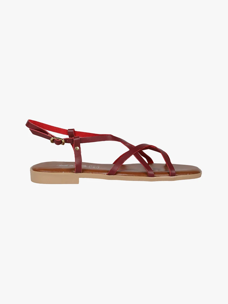 Sandali bassi in pelle da donna con fascette incrociate - rosso