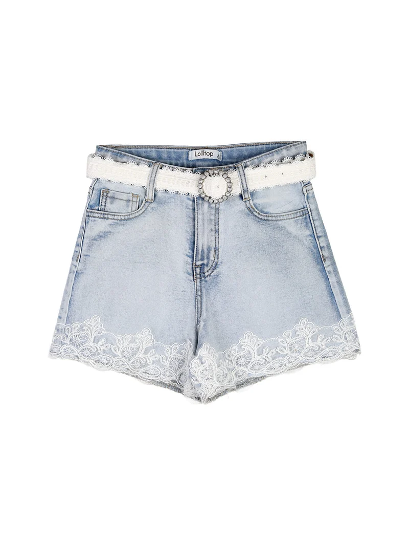 Shorts in jeans da ragazza con ricami in pizzo e cintura - jeans