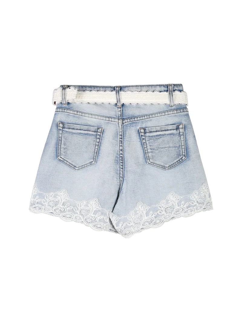 Shorts in jeans da ragazza con ricami in pizzo e cintura - jeans