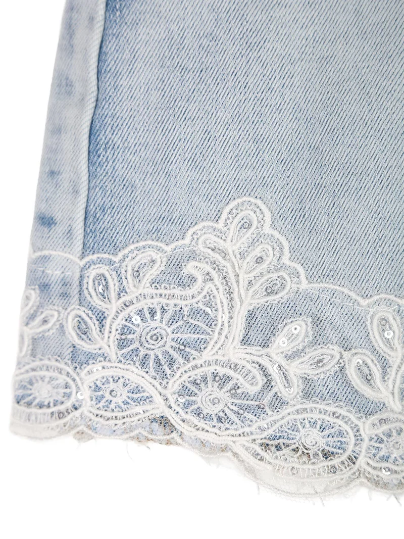 Shorts in jeans da ragazza con ricami in pizzo e cintura - jeans