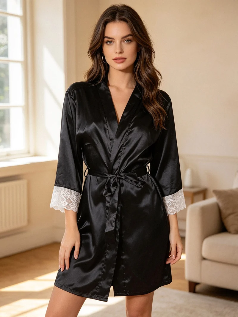 Vestaglia in simil seta con pizzo - nero