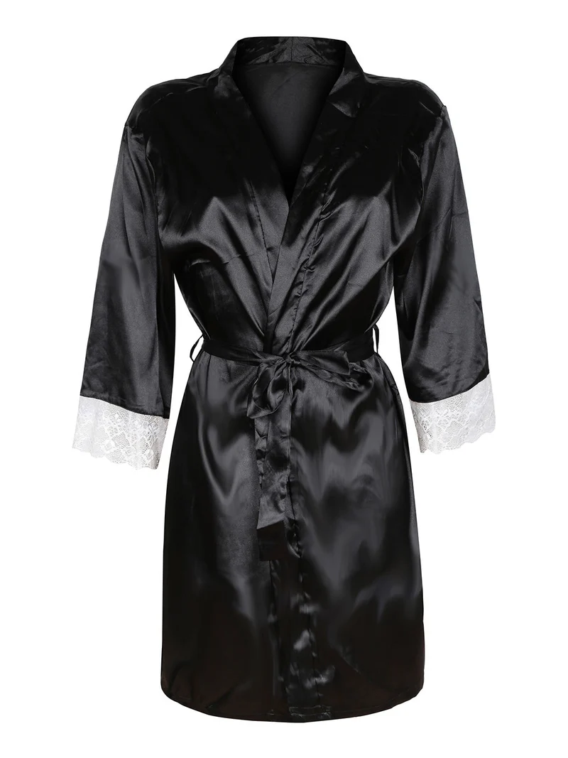 Vestaglia in simil seta con pizzo - nero