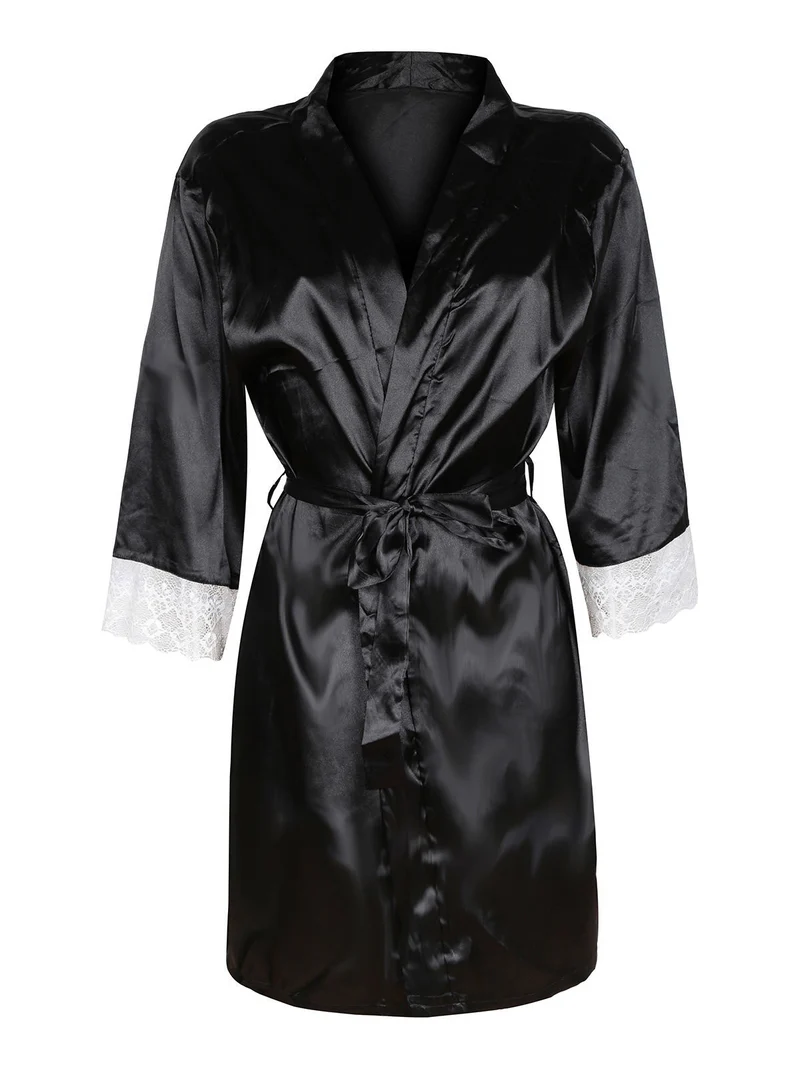Vestaglia in simil seta con pizzo - nero