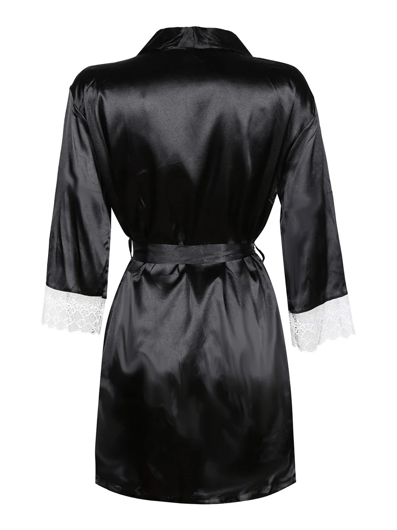 Vestaglia in simil seta con pizzo - nero